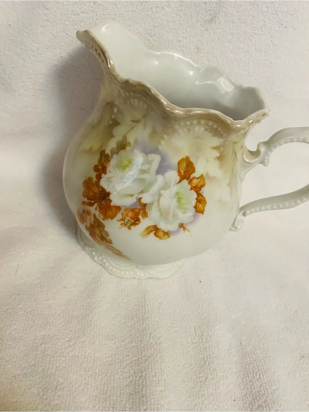 VNTG Leuchtenburg Germany Porcelain Cream Floral Pitcher Lusterware